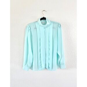Carriage Court Blouse Womens Medium Mint Green Pleated High Neck Vintage Bishop